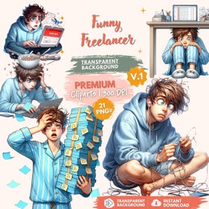 Funny Freelancer Clipart Png Bundle, Work from Home Hustle Cartoon Art, Funny Office Boy, Remote Worker Sublimation Graphics, Scrapbooking