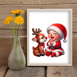 May include: A framed print featuring a cartoon baby dressed as Santa Claus, laughing with a reindeer. The baby wears a red suit and hat with white trim. The reindeer has a red scarf. A vase of yellow flowers sits to the left.