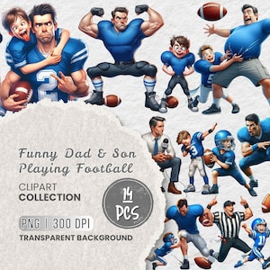 Clipart divertenti di papà e figlio che giocano a calcio, PNG di cartoni animati sportivi, Clipart di legame tra padre e figlio, Illustrazione di football americano, Clipart di famiglia