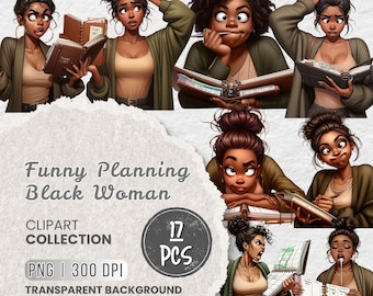 Funny Planning Black Woman Png Clipart, Afro American Girl, Book Lover, Quirky Journaling Girl, Projects, Crafts