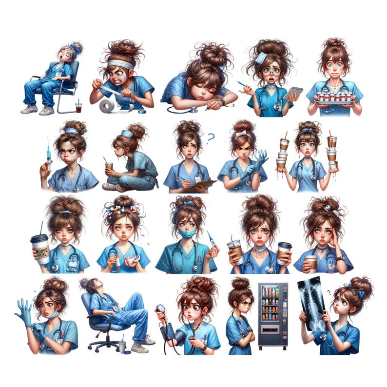 K&ouml;nnte beinhalten: Ein Set mit 20 digitalen Illustrationen, die eine Comic-Krankenschwester in verschiedenen Posen und Ausdr&uuml;cken zeigen. Die Krankenschwester tr&auml;gt ein blaues Oberteil, ein Stethoskop und einen unordentlichen Dutt. Die Illustrationen sind im Comic-Stil gehalten und eignen sich perfekt f&uuml;r den Einsatz in digitalen Produkten wie Aufklebern, Social-Media-Grafiken und Website-Designs.