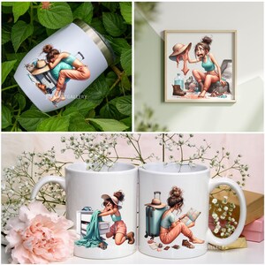 May include: A collection of travel-themed items featuring a cartoon illustration. The image includes a white tumbler, two white mugs, and a framed print. The artwork depicts a person packing and preparing for a trip, with a suitcase, hat, and travel accessories.