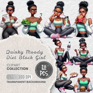 May include: A digital clipart collection titled "Quirky Moody Diet Black Girl." The collection features illustrations of a Black woman in various poses, some with food and drinks. The collection includes 20 PNG images with a transparent background.