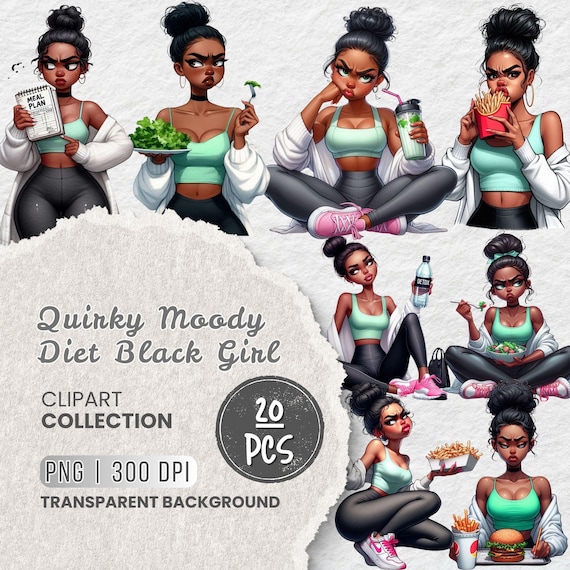 Diet Black Girl Clipart, Quirky Moody Girl, Stank Face, Funny Fitness, Food Struggle, Workout Black Woman, Planner Girl, Projects, Scrapbook