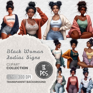 Schwarze Frau Sternzeichen Clipart, 12 Sternzeichen Png, Astrologie Kunst für Frauen, Horoskop-Zeichen, afroamerikanische Mädchen, Sublimation, Scrapbooking
