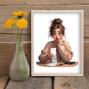 Puede incluir: Una ilustraci&oacute;n de dibujos animados de una mujer con cabello casta&ntilde;o en un mo&ntilde;o que parece sorprendida mientras sostiene un recibo y algunas monedas. El texto en el recibo est&aacute; borroso.