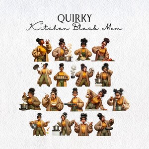 Puede incluir: Ilustraci&oacute;n digital de una mujer negra en una cocina, en varias poses. Lleva una blusa amarilla, pantalones verde oliva y una rebeca color beige. El texto "Quirky Kitchen Black Mom" est&aacute; en la parte superior de la imagen.