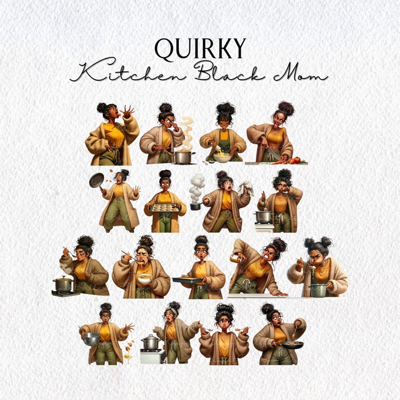 Puede incluir: Ilustraci&oacute;n digital de una mujer negra en una cocina, en varias poses. Lleva una blusa amarilla, pantalones verde oliva y una rebeca color beige. El texto "Quirky Kitchen Black Mom" est&aacute; en la parte superior de la imagen.