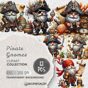Bundle de cliparts nain pirate PNG, gnomes de l'aventure nautique PNG pour sublimation, personnages gnomes chasse au trésor pour projets d'artisanat