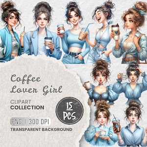 Coffee Lover Girl Clipart Bundle, Cute Aesthetic Coffee, Blue Outfits Coffee Girl, Pretty Girl Clipart, Urban Girls, Crafts, Sublimation