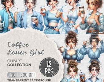 Coffee Lover Girl Clipart Bundle, Cute Aesthetic Coffee, Blue Outfits Coffee Girl, Pretty Girl Clipart, Urban Girls, Crafts, Sublimation