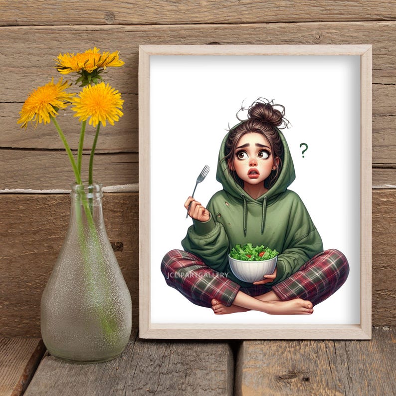 May include: A cartoon illustration of a person with brown hair wearing a green hoodie and red and black plaid pants. The person is holding a bowl of salad and a fork and has a questioning expression on their face. The text '?' is written above the person's head.
