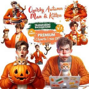 Autumn Man & Cat Clipart PNG Bundle, Fall Boy Character Clipart, Pumpkin Halloween Cat, Cozy Sweater Guy Sublimation Design