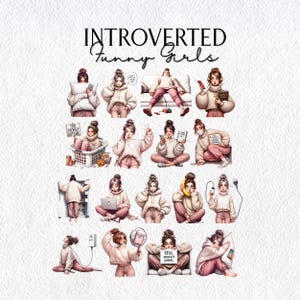 Introvert tjej Clipart, social batteri låg tjej, självvårdande lat dag tecknad film, antisocialt humör, roliga digitala klistermärken, lat dag tjej, hantverk bild 4