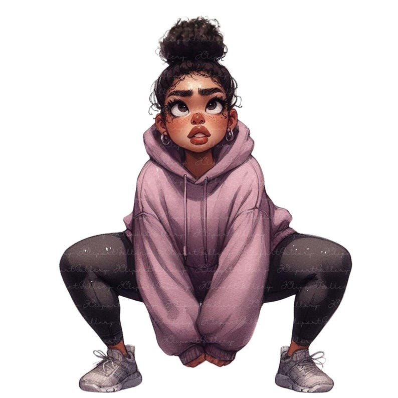 May include: Illustration of a person in a squatting position, wearing a light purple hoodie, dark gray leggings, and gray sneakers. The person has dark hair in a bun and is looking upwards. The image has a watercolor style.