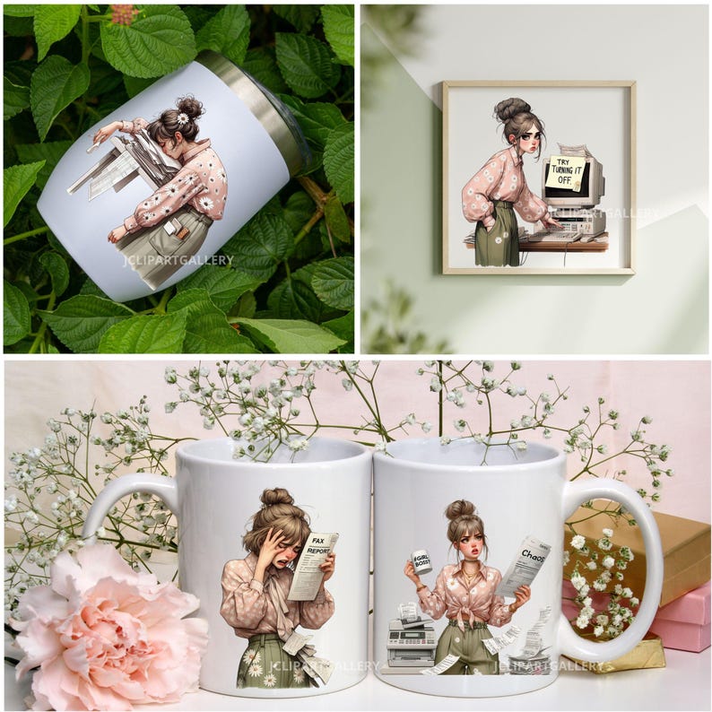 K&ouml;nnte beinhalten: Eine Sammlung von Artikeln mit einer Illustration einer gestressten Frau. Enth&auml;lt einen wei&szlig;en Becher, einen gerahmten Druck und zwei wei&szlig;e Tassen. Die Frau ist in einer rosa Bluse und gr&uuml;nen Hosen dargestellt, die mit einem Computer und Papierkram interagiert. Der Druck hat den Text "TRY TURNING IT OFF".