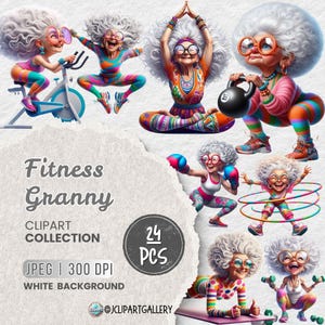 Könnte beinhalten: Eine digitale Clipart-Sammlung mit 24 Illustrationen, die eine Oma bei verschiedenen Fitnessaktivitäten zeigen. Die Illustrationen sind farbenfroh und haben einen weißen Hintergrund. Der Text "Fitness Granny Clipart Collection 24 PCS JPEG | 300 DPI WHITE BACKGROUND @JCLIPARTGALLERY" ist im Bild enthalten.