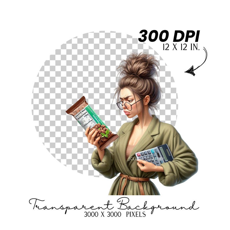 May include: A woman with brown hair in a bun is wearing a green robe and glasses. She is holding a chocolate bar and a calculator. The background is transparent.