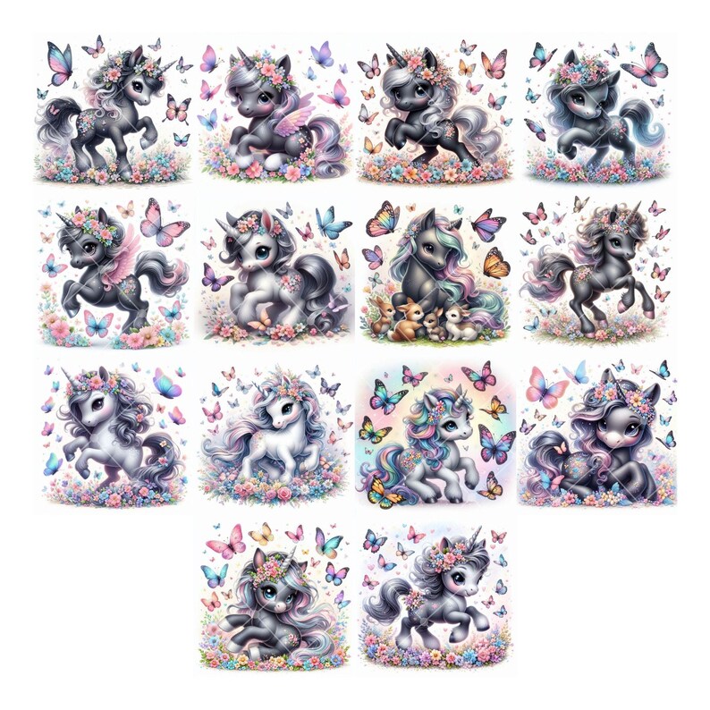 May include: A collection of sixteen whimsical unicorn illustrations. Each unicorn is depicted with a floral crown, surrounded by colorful butterflies and flowers. The unicorns have varying shades of gray, white, and pastel colors.