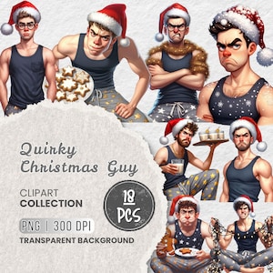 Könnte beinhalten: Digitale Clipart-Kollektion "Quirky Christmas Guy" mit Illustrationen von Männern in Weihnachtsmützen und Pyjamas. Die Kollektion umfasst 18 PNG-Bilder mit transparentem Hintergrund, ideal für weihnachtliche Designs.