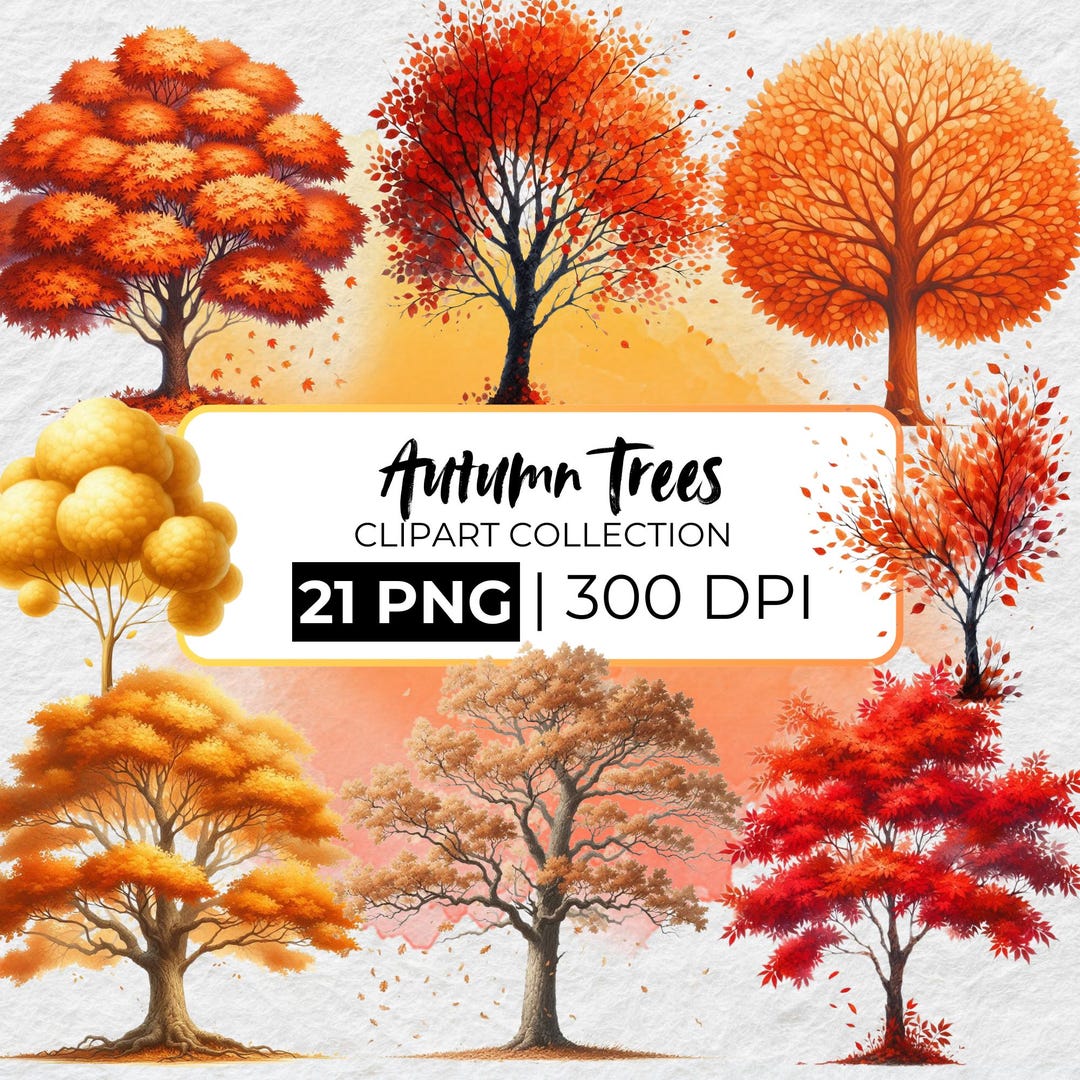 Autumn Trees Clipart PNG Bundle, Watercolor Autumn Tree Clipart, Fall ...