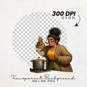 Puede incluir: Ilustraci&oacute;n digital de una mujer probando comida de una olla en una estufa. Lleva una camisa amarilla, pantalones verde oliva y una rebeca marr&oacute;n. El texto "300 DPI 12 X 12 IN." y "Transparent Background 3000 X 3000 PIXELS."