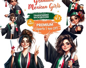 Mexican Graduation PNG Graduation Clipart, Graduation Girl PNG Clipart for Mexican Graduation Cap Topper Mexican Flag, Latina Girl Clipart
