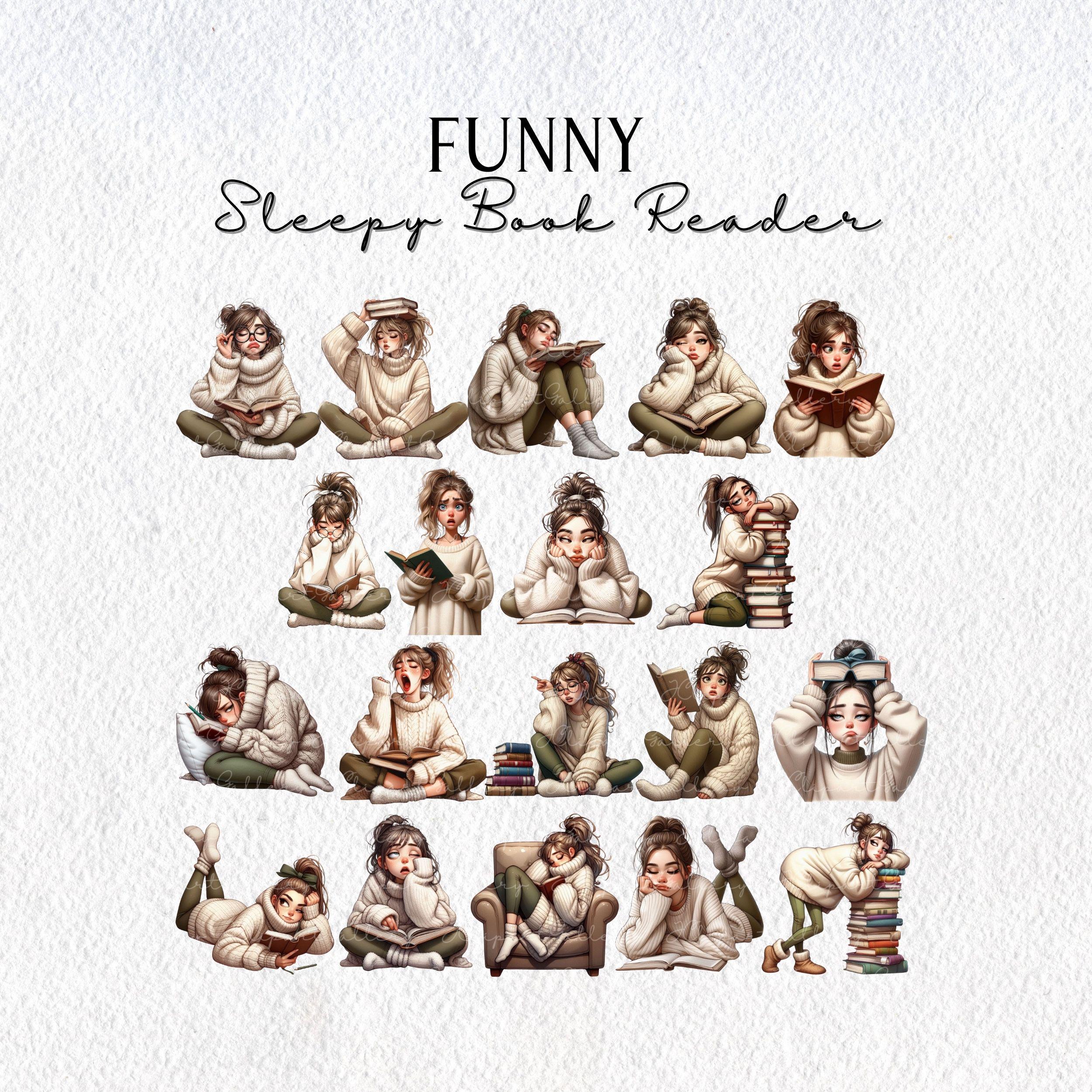 Book Reader Clipart Bundle, Cozy Sleepy Girl Illustration Set, Funny ...