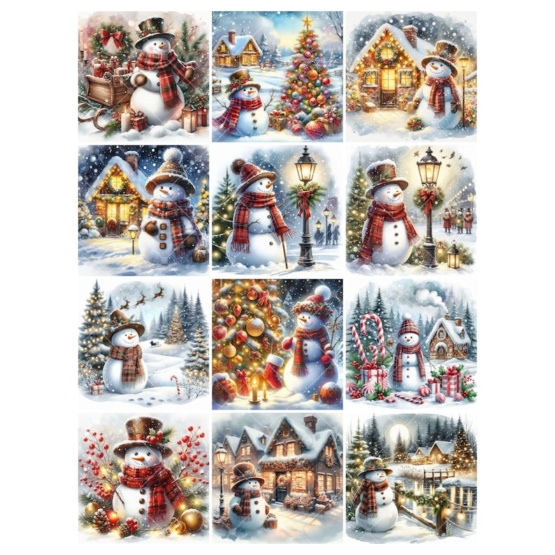 May include: A collection of twelve winter-themed illustrations featuring snowmen in various festive scenes. Each snowman wears a hat and scarf, set against snowy landscapes with decorated trees and cozy houses. The artwork uses a watercolor style with soft colors.