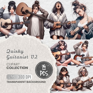Puede incluir: Arte digital de una colección de imágenes prediseñadas titulada "Quirky Guitarist V2". La imagen presenta ilustraciones de mujeres con guitarras, en varias poses y expresiones. La colección incluye 14 piezas, con fondo transparente y es de 300 DPI.