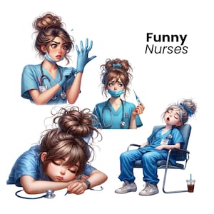 K&ouml;nnte beinhalten: Drei Comic-Krankenschwestern in blauen Kitteln mit Gesichtsmasken. Eine Krankenschwester zieht blaue Handschuhe an, eine andere h&auml;lt ein Thermometer und die dritte schl&auml;ft auf einem Stuhl. Der Text "Funny Nurses" befindet sich oben im Bild.