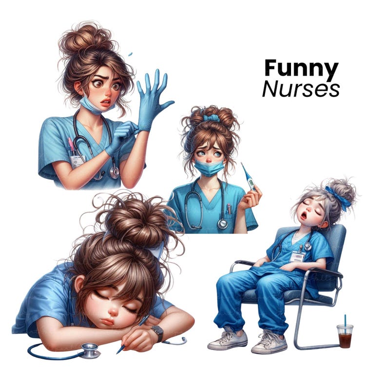 K&ouml;nnte beinhalten: Drei Comic-Krankenschwestern in blauen Kitteln mit Gesichtsmasken. Eine Krankenschwester zieht blaue Handschuhe an, eine andere h&auml;lt ein Thermometer und die dritte schl&auml;ft auf einem Stuhl. Der Text "Funny Nurses" befindet sich oben im Bild.