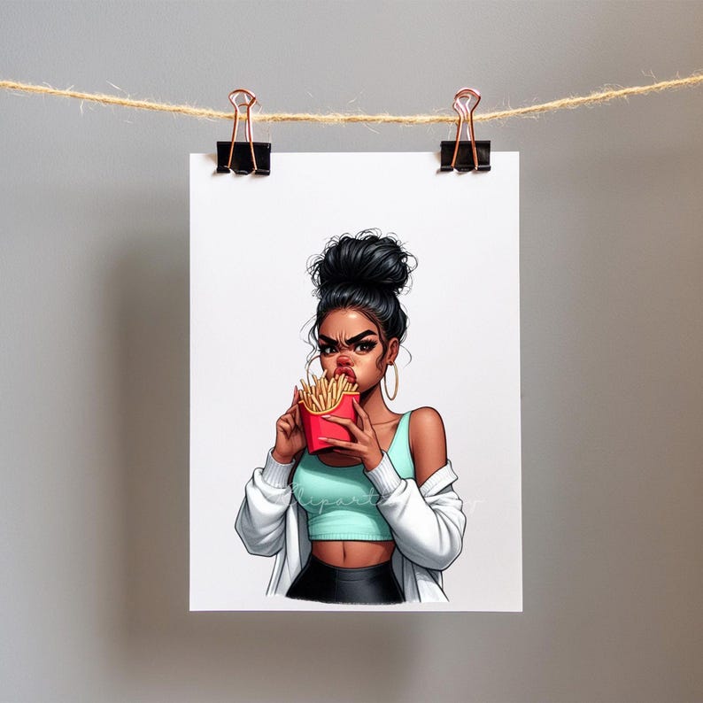 May include: Illustration of a woman eating french fries from a red carton. She wears a teal crop top, black skirt, and white jacket. The image is printed on white paper and held by black clips on a string.