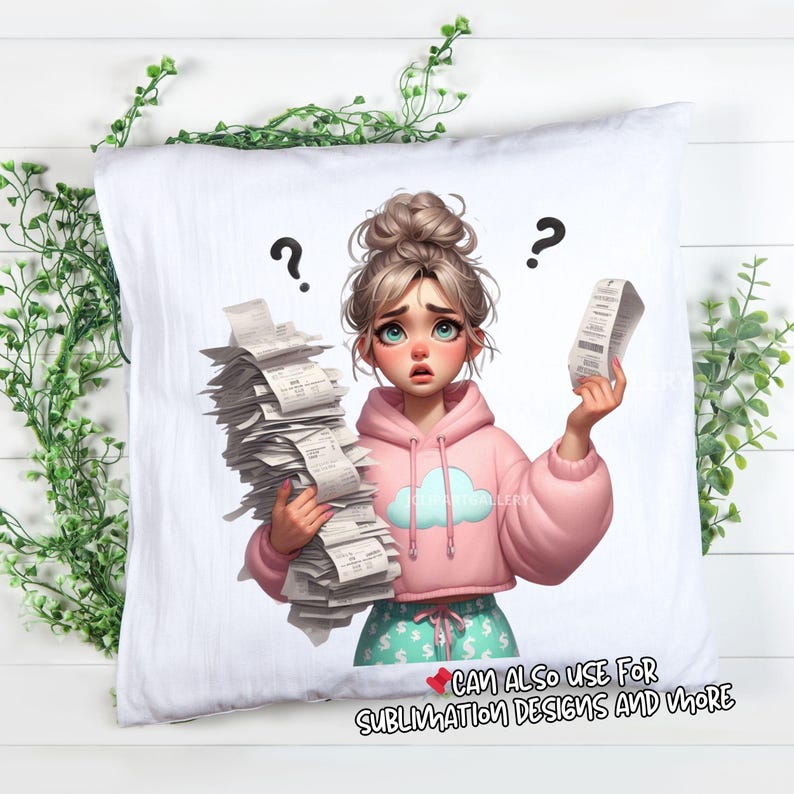 May include: White pillow with a cartoon illustration of a young person looking confused, holding a stack of receipts and a single receipt. The person is wearing a pink hoodie and green pajama pants. Question marks are above the person's head. Text at the bottom reads "CAN ALSO USE FOR SUBLIMATION DESIGNS AND MORE."