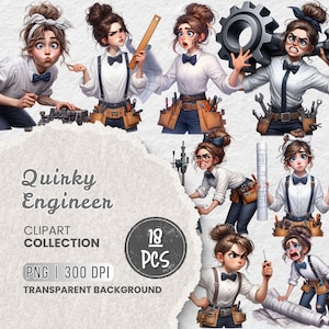 Puede incluir: Una colección de imágenes prediseñadas titulada "Quirky Engineer" con ilustraciones de una mujer en varias poses de ingeniería. Lleva una camisa blanca, pajarita, cinturón de herramientas y tirantes. La colección incluye 18 imágenes PNG con fondo transparente.