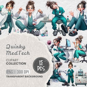 May include: A digital clipart collection titled "Quirky MedTech" featuring 15 PNG images of cartoon medical professionals in various poses. The images include doctors and nurses in teal scrubs and white lab coats, with medical equipment.