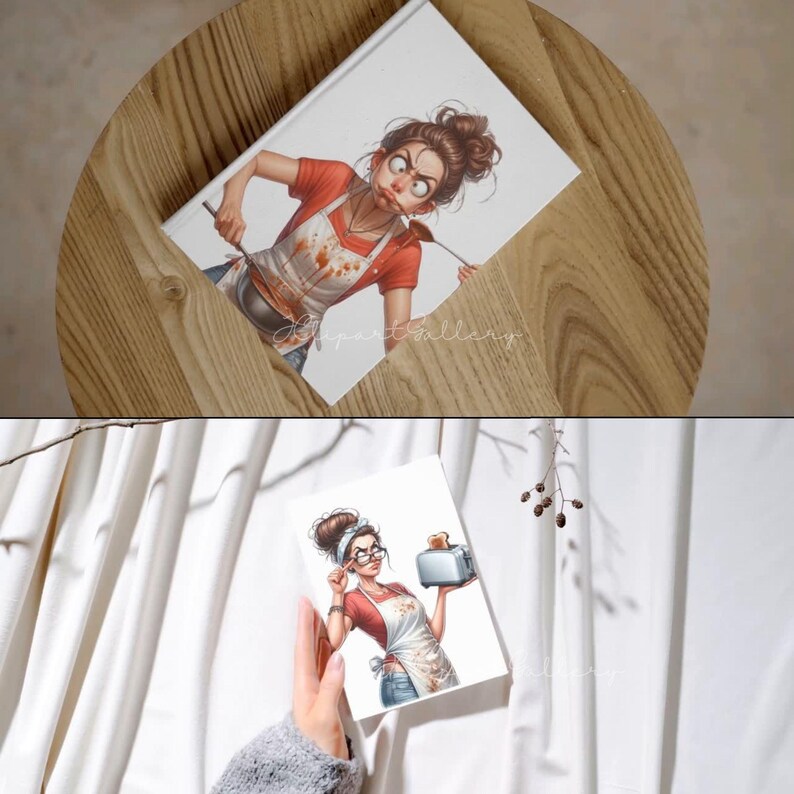 May include: White notebook featuring a cartoon illustration of a woman cooking, with sauce splattered on her apron. The notebook is on a wooden surface. A second image shows a woman holding a notebook with a cartoon of a woman with a toaster.