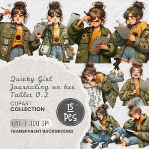 Może przedstawiać: Kolekcja cyfrowych clipartów z ilustracjami dziewczyny prowadzącej dziennik na tablecie. Obrazy przedstawiają dziewczynę w różnych pozach, ubraną w żółtą koszulkę, dżinsowe szorty i zieloną kurtkę. Kolekcja zawiera 15 obrazów PNG z przezroczystym tłem.
