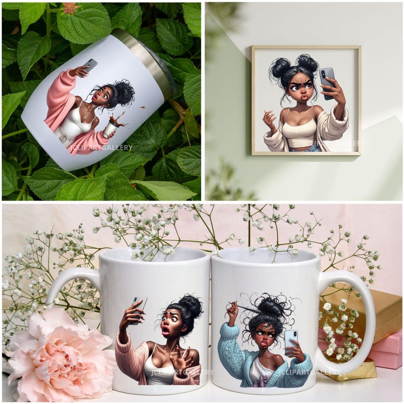 Puede incluir: Dos tazas de cer&aacute;mica blanca con una ilustraci&oacute;n en blanco y negro de una mujer tomando una selfie. La mujer de la taza de la izquierda lleva un su&eacute;ter rosa y la mujer de la taza de la derecha lleva un su&eacute;ter azul.