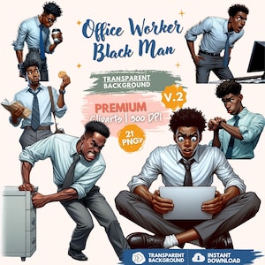 Afro Man Office Worker Clipart Bundle, Boss Man, Funny Corporate Guy PNG for Sublimation Planner Stickers Set