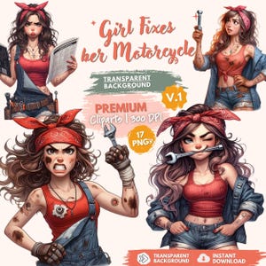 Pacchetto di clipart di ragazza meccanico, ragazza con bandana eccentrica che ripara il motore in formato PNG, carina clipart di scimmia di Grease per progetti fai da te, adesivi e sublimazione