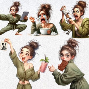 May include: A digital illustration of a woman in various poses, showing different reactions to food. She is shown eating cereal, drinking a smoothie, eating chocolate, and holding a note that says "0.5 Lbs Lost!"