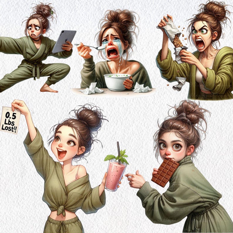 May include: A digital illustration of a woman in various poses, showing different reactions to food. She is shown eating cereal, drinking a smoothie, eating chocolate, and holding a note that says "0.5 Lbs Lost!"