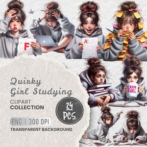 Funny Girl Studying Png Clipart, Quirky Student Clipart, Whimsical Girl, Messy Hair Studying Girl, Anxious Women Art, Sublimation, Scrapbook