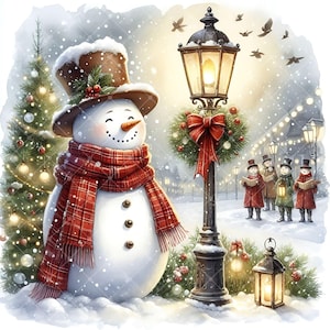 May include: A watercolor illustration of a snowman wearing a brown top hat and a red plaid scarf. A Christmas tree with lights and a lamppost with a wreath and red bow are in the background. Carolers sing in the snow.