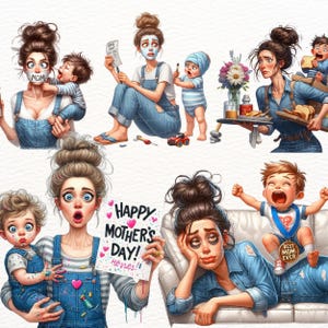 May include: An illustration of five mothers with their children. The mothers are all wearing denim clothing and have different expressions on their faces. The children are all dressed in different outfits and are engaging in various activities. The image is a humorous depiction of motherhood.