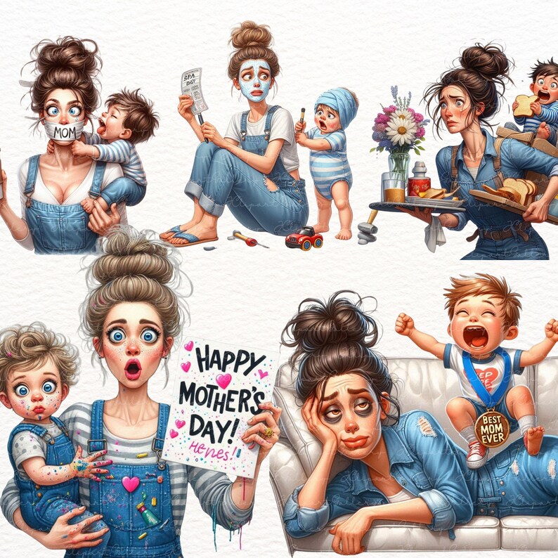 May include: An illustration of five mothers with their children. The mothers are all wearing denim clothing and have different expressions on their faces. The children are all dressed in different outfits and are engaging in various activities. The image is a humorous depiction of motherhood.