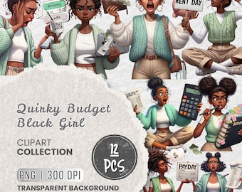 May include: A digital clipart collection featuring illustrations of a Black girl with curly hair buns in various budgeting scenarios, including holding a calculator, a piggy bank, a laptop, and signs reading Payday Rent Day and Budget Queen.