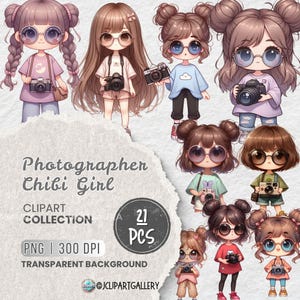 Adorable Photographer Girl Clipart Bundle, Cartoon Girls with Cameras PNG, Digital Stickers for Scrapbooking, Planner Stickers, Sublimation