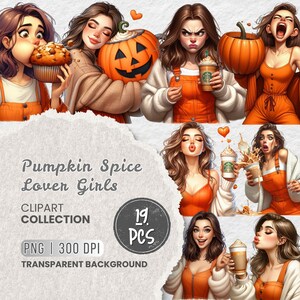 Pumpkin Spice Lover Girl Clipart PNG Bundle, Fall Coffee Girl PNG, Autumn Latte Clipart, Cozy Halloween Girl Sublimation Design image 7